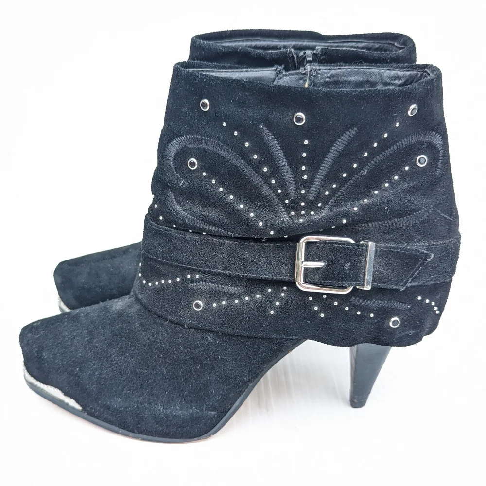 MIRANDA Miranda Lambart jeweled embroidered black suede heeled ankle booties